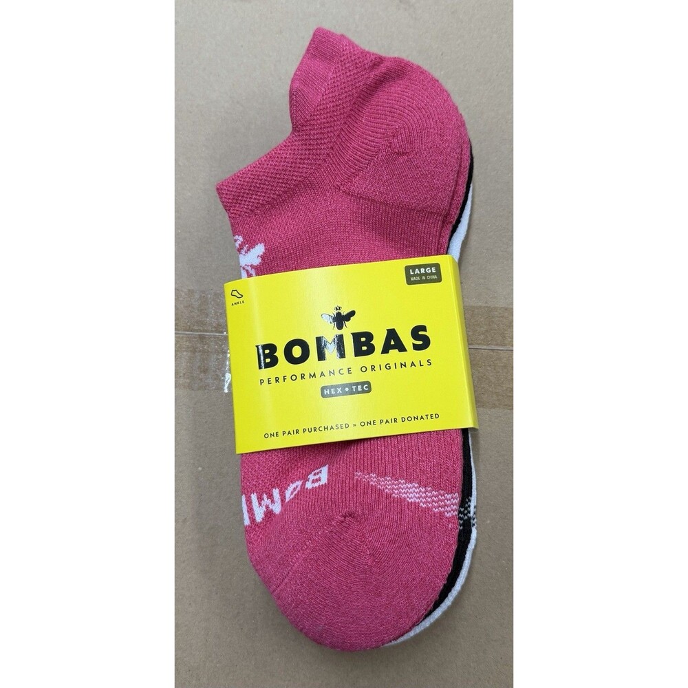 Bombas Hex Tec Performance Ankle Socks Large Pink White Athletic Running Sock